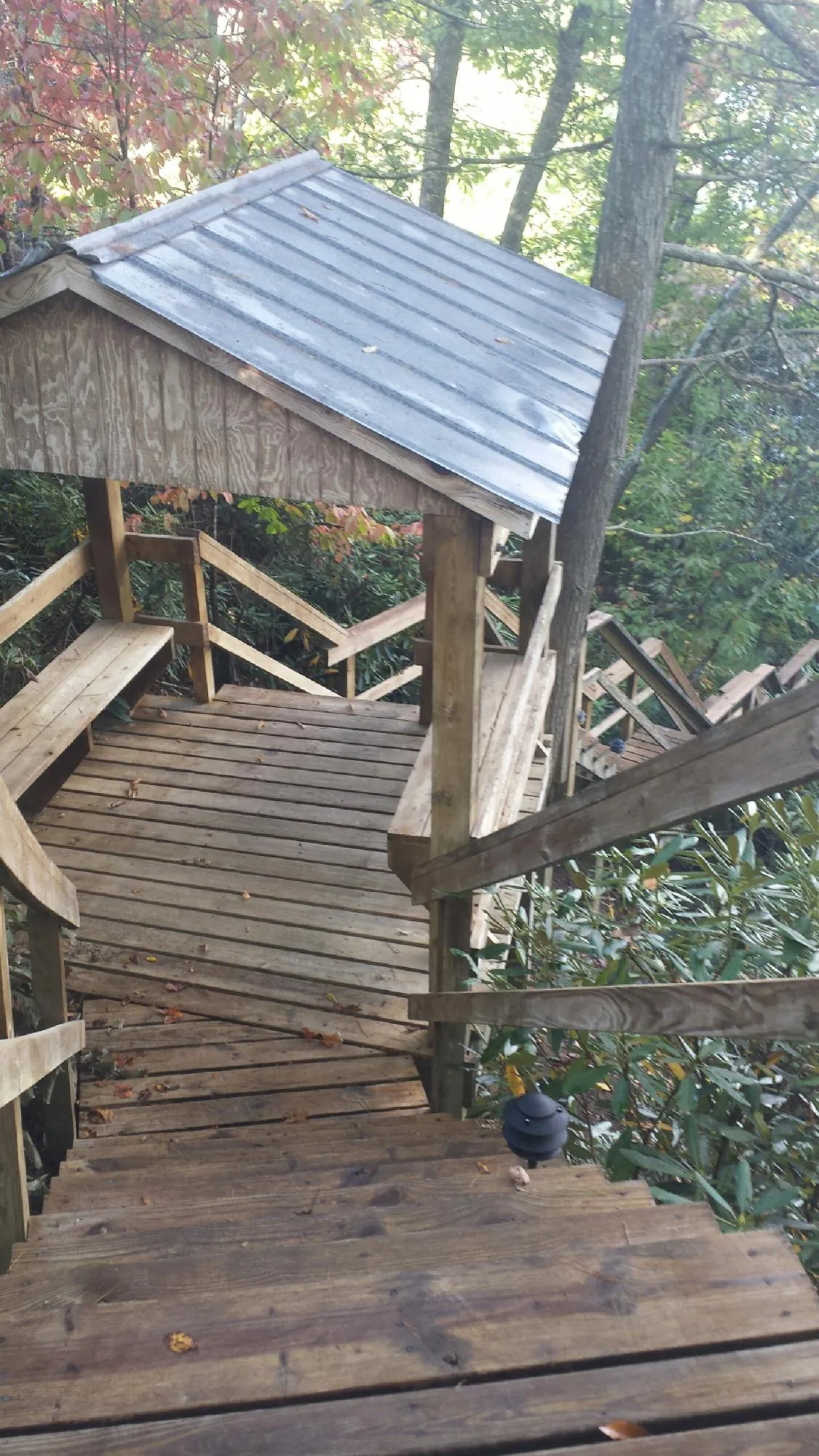 Metal roofed shelter over wooden steps on a wooded walkway — Skylight Repair & Installation work by our crew in Tenmile